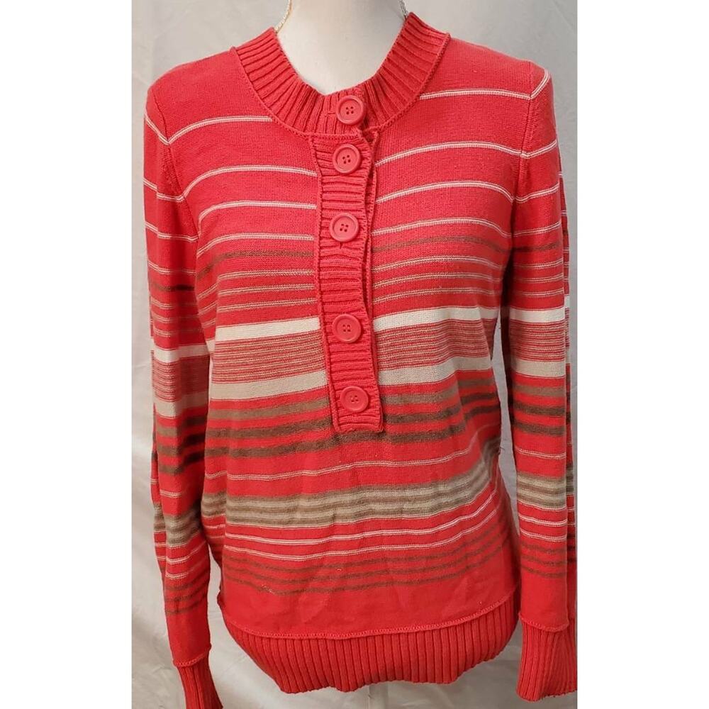 Liz Claiborne Womens Pullover Sweater Orange Striped 1/2 Button Long Sleeves S